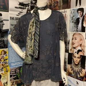 Johnny Was Slate Blue Embroidered Short Slv Top